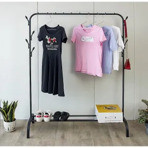 Heavy-Duty Black Metal Garment Rack,  Hooks, Shelf