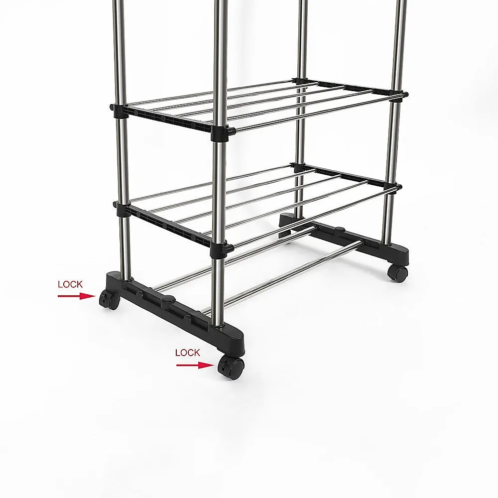 Heavy Duty Double Bar Garment Rack, Adjustable Steel, Mobile