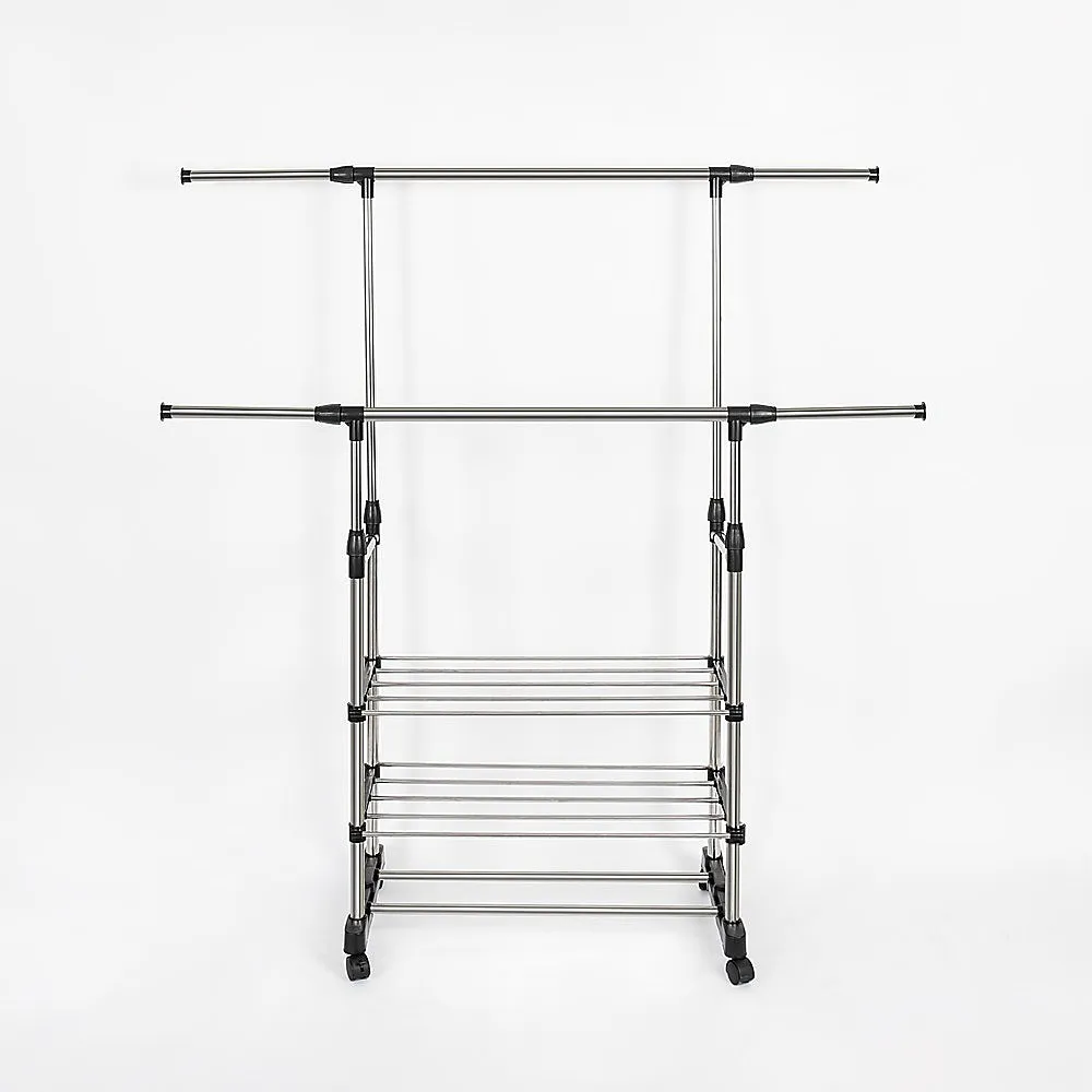 Heavy Duty Double Bar Garment Rack, Adjustable Steel, Mobile