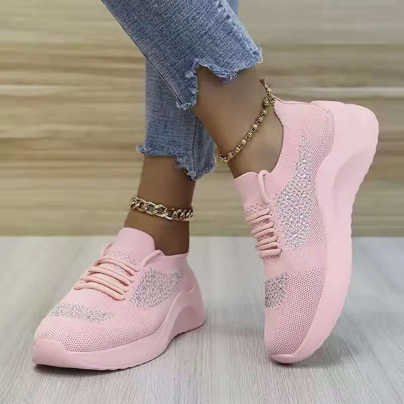 Hot sale flying woven rhinestone breathable sneakers