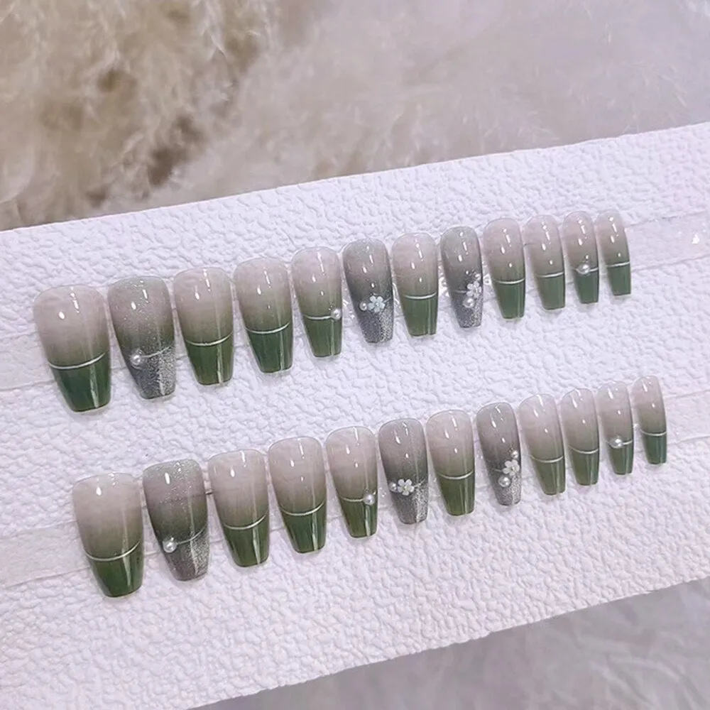 Joskaa 24pcs Long Ballet French False Nails With Gradient Green Crystal Design Glitter Cat's Eye Fake Nail Nail