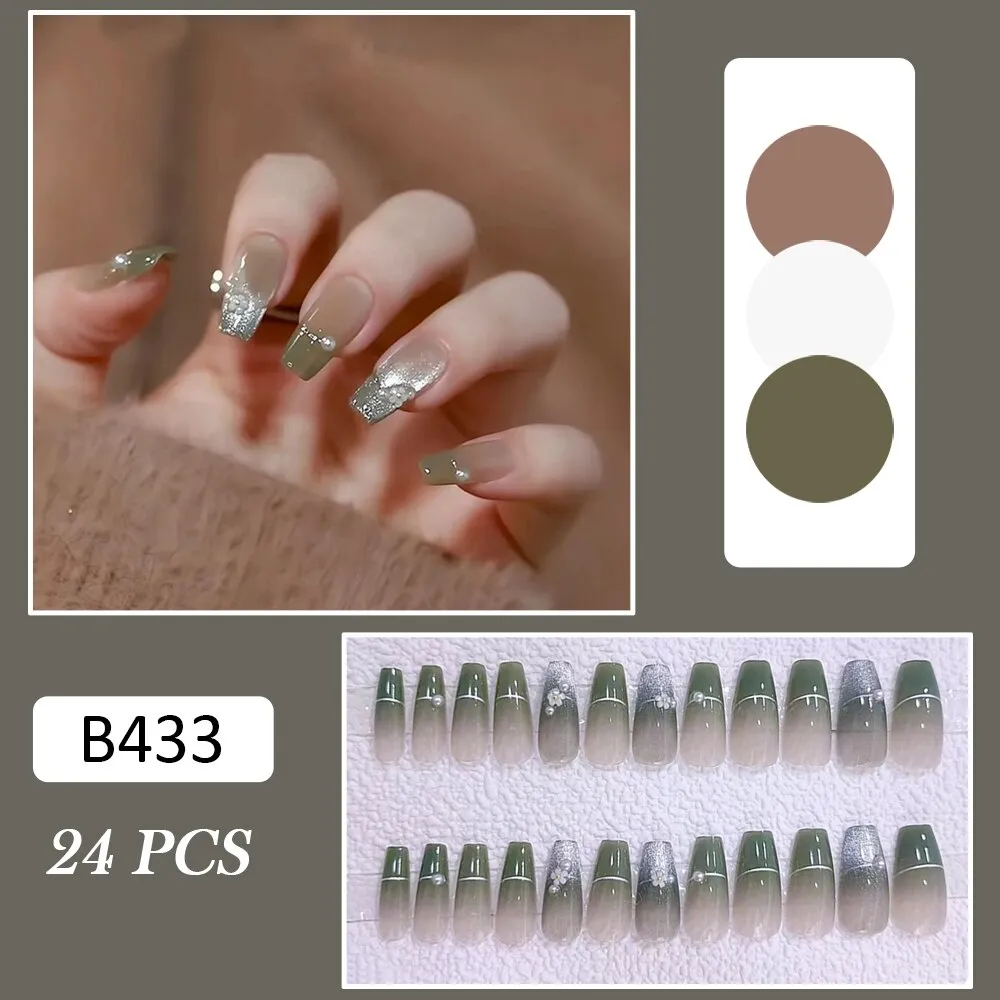 Joskaa 24pcs Long Ballet French False Nails With Gradient Green Crystal Design Glitter Cat's Eye Fake Nail Nail