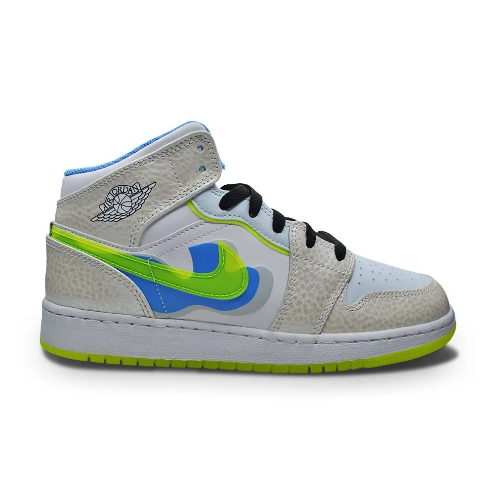 Juniors Nike Air Jordan 1 Mid SE - DV1314 017 - Platinum Tint Volt Blue Tint