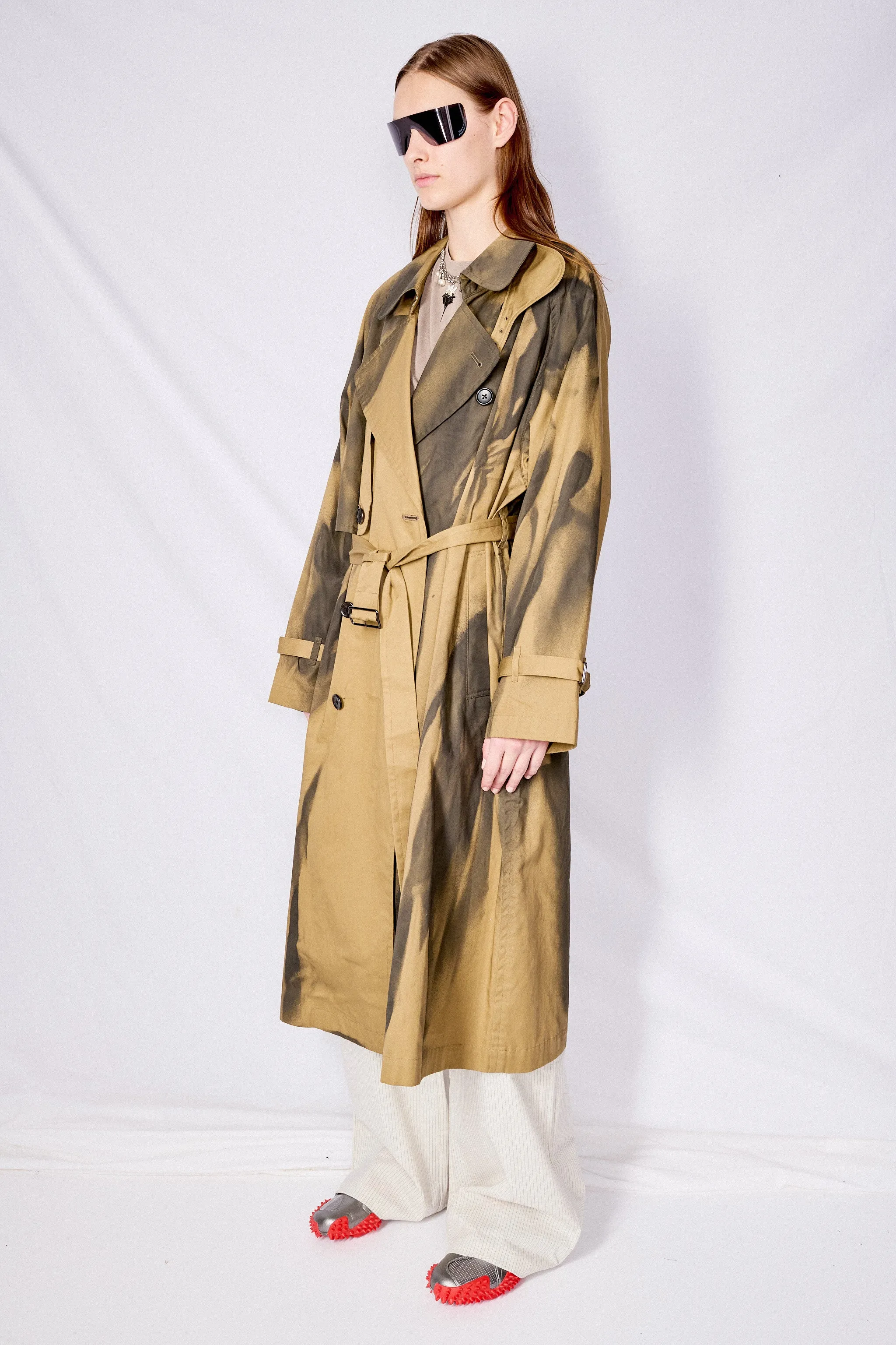 Khaki Spray Printed Trench Coat