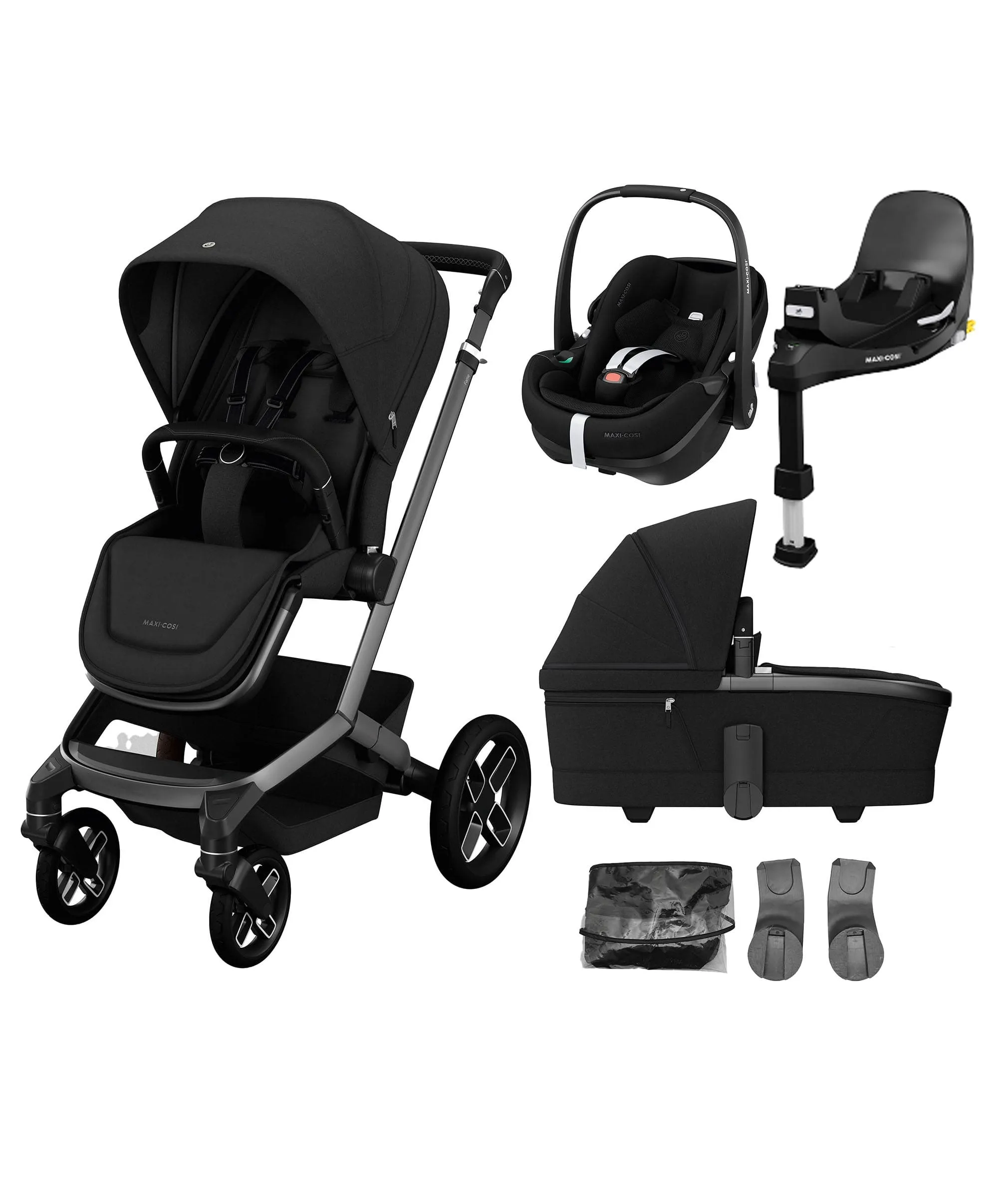 Maxi Cosi Fame Pushchair Bundle With Pebble 360 Pro 2 Car Seat & Base – Black with Black Wheels