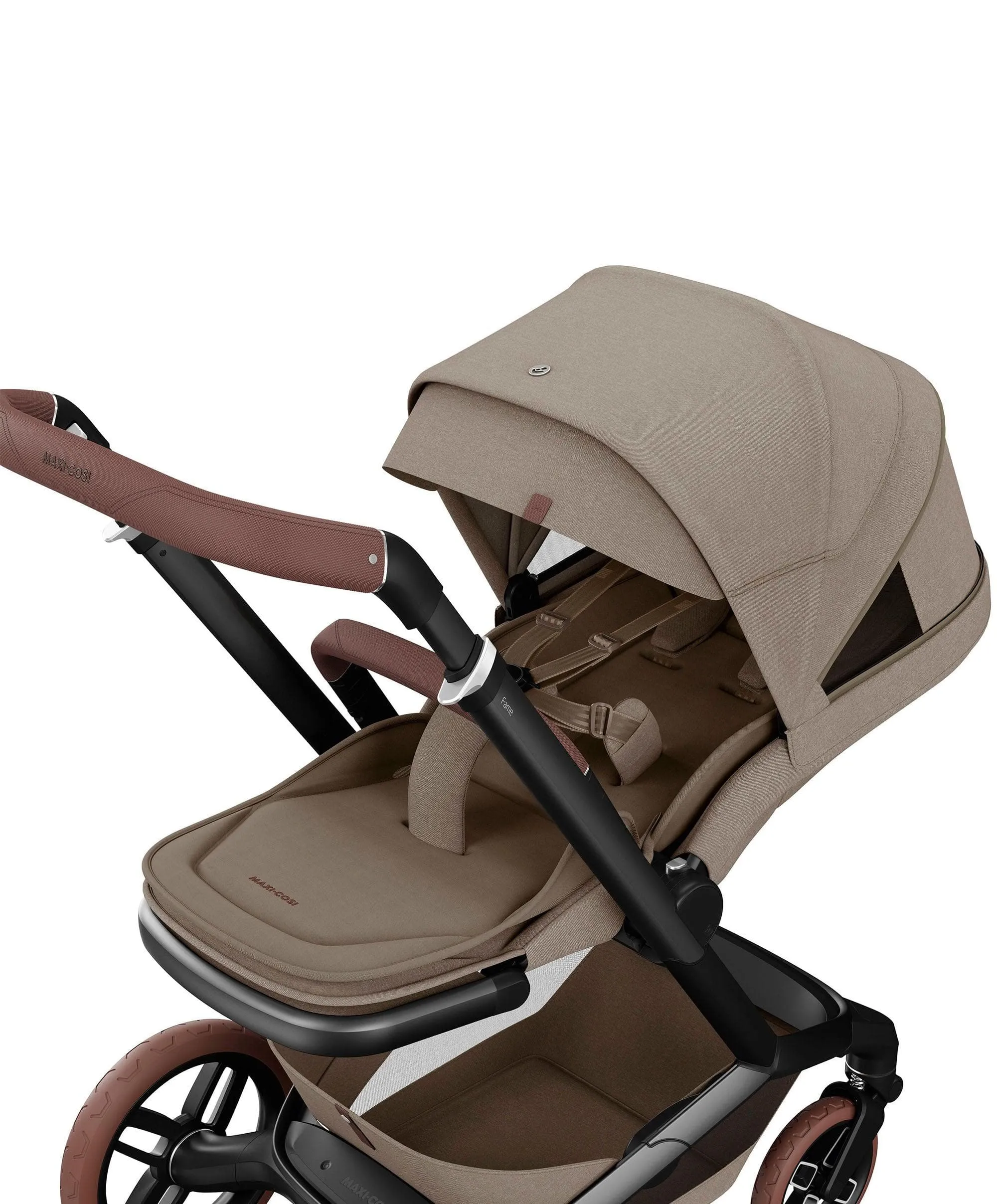 Maxi Cosi Fame Pushchair Bundle With Pebble 360 Pro 2 Car Seat & Base – Truffle with Brown Wheels