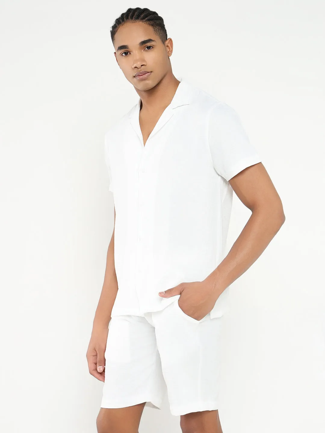 Men White Solid Co Ords Set