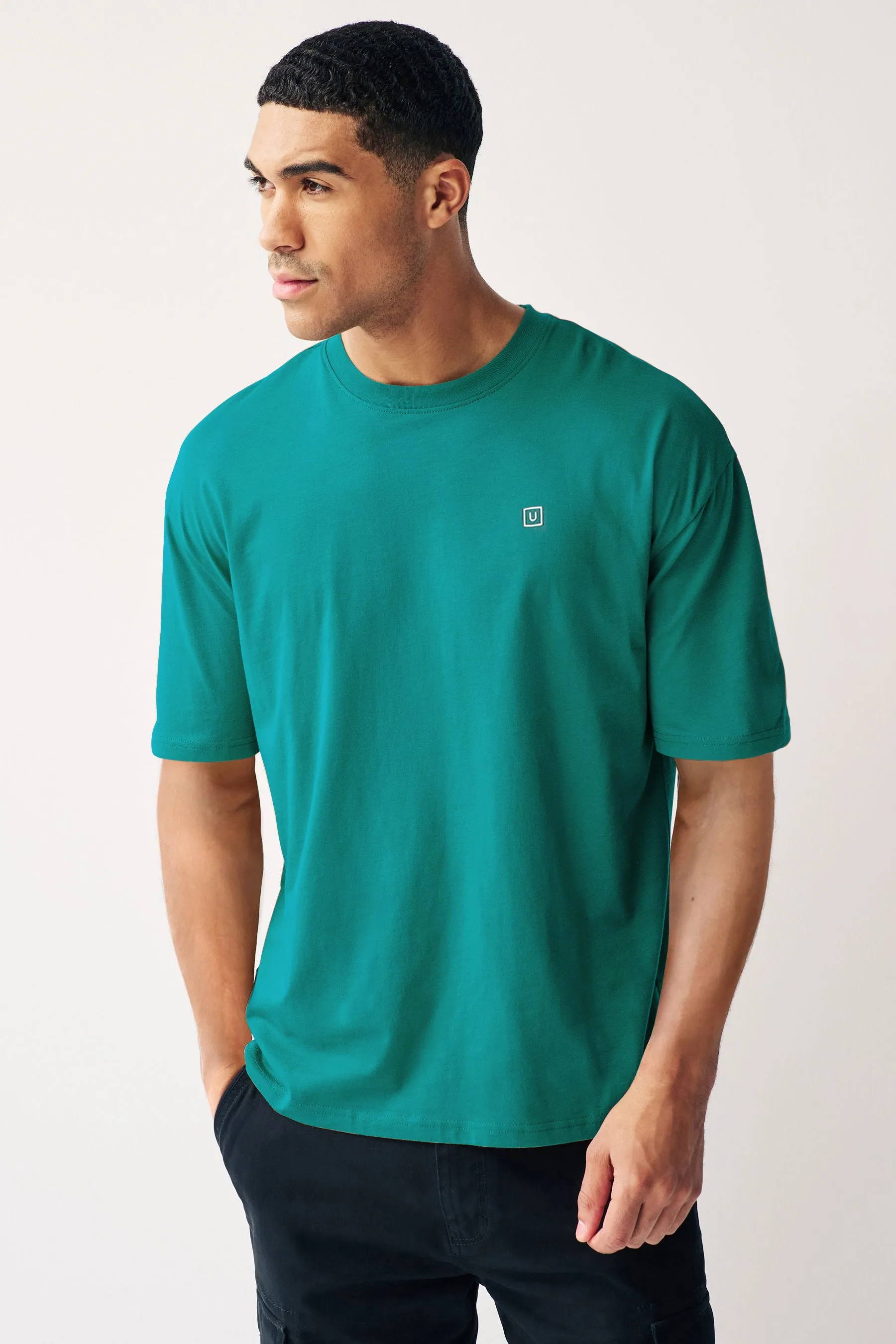 Men's Aventurine Green Solid Round Neck Oversized Half Sleeve Cotton T-Shirt