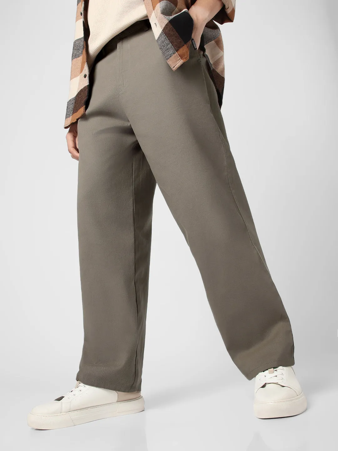 Men's Grey Loose Baggy Fit Solid Chino Trousers Non-Stretchable