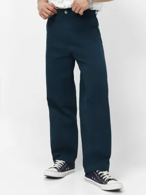 Men's Navy Loose Baggy Fit Solid Chino Trousers Non-Stretchable