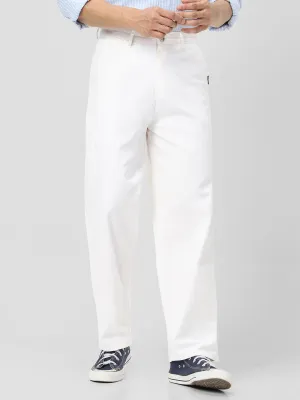 Men's White Loose Baggy Fit Solid Chino Trousers Non-Stretchable