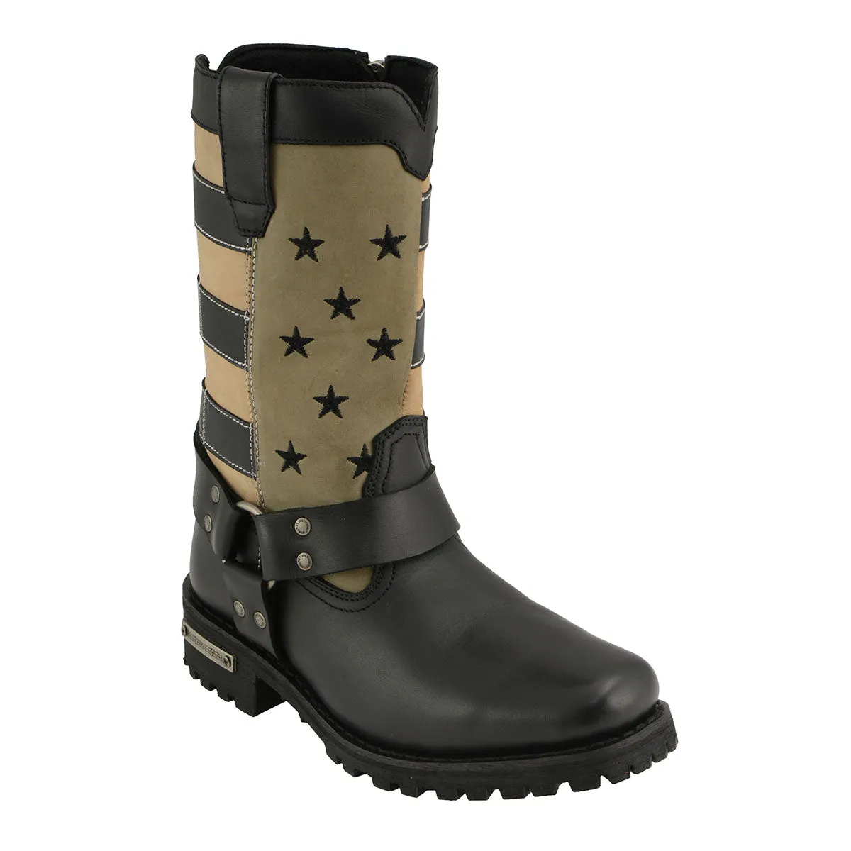 Milwaukee Leather MBL9363 Women’s ‘Stars and Stripes’ Black with Tan Leather Motorcycle Rider Harness Boots