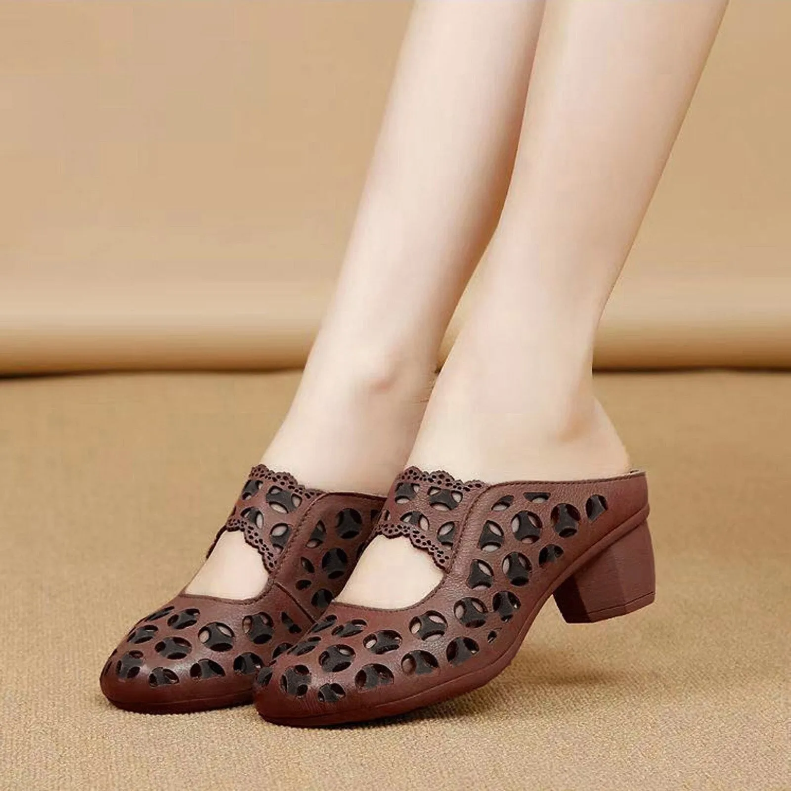 OCW Summer Women PU Leather Clogs Round Head Retro Hollow Breathable Shoes