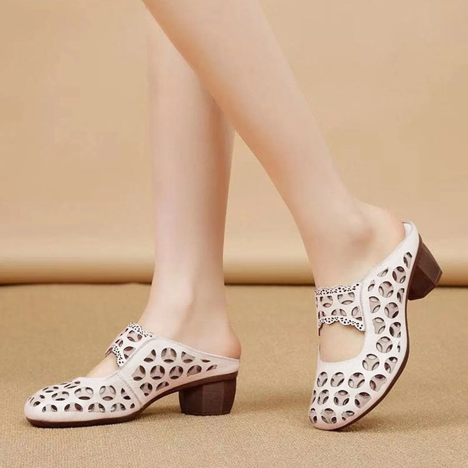 OCW Summer Women PU Leather Clogs Round Head Retro Hollow Breathable Shoes