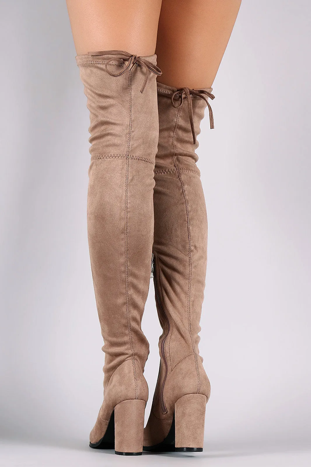 Over-The-Knee Suede Almond Toe Self-Tie Back Boots