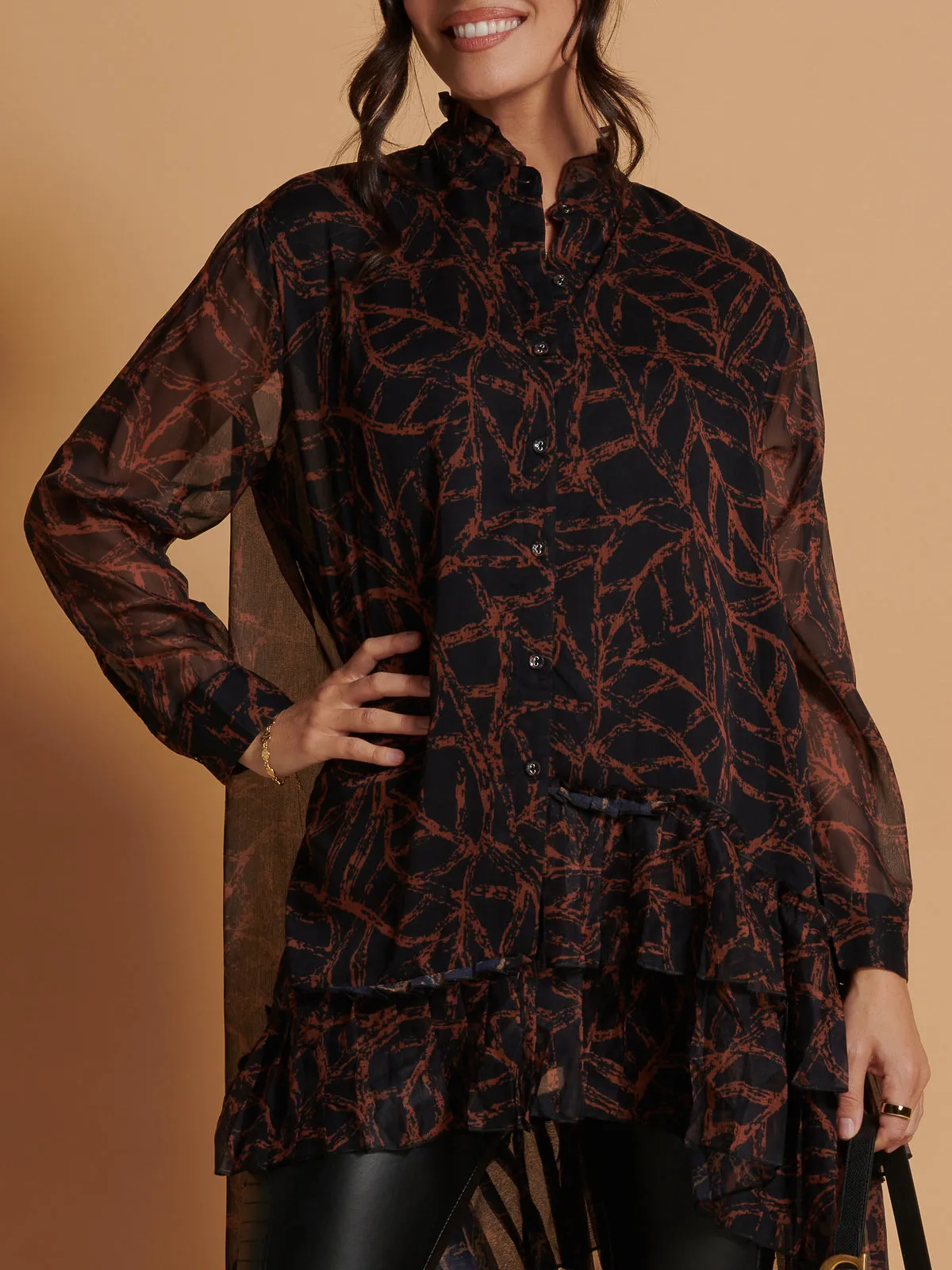 Oversized Asymmetric Hem Shirt, Black Leafy