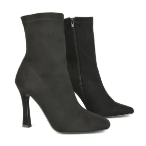 Paula Pointed Toe Zip-Up Stiletto Ankle Sock Boot Heels in Black Faux Suede