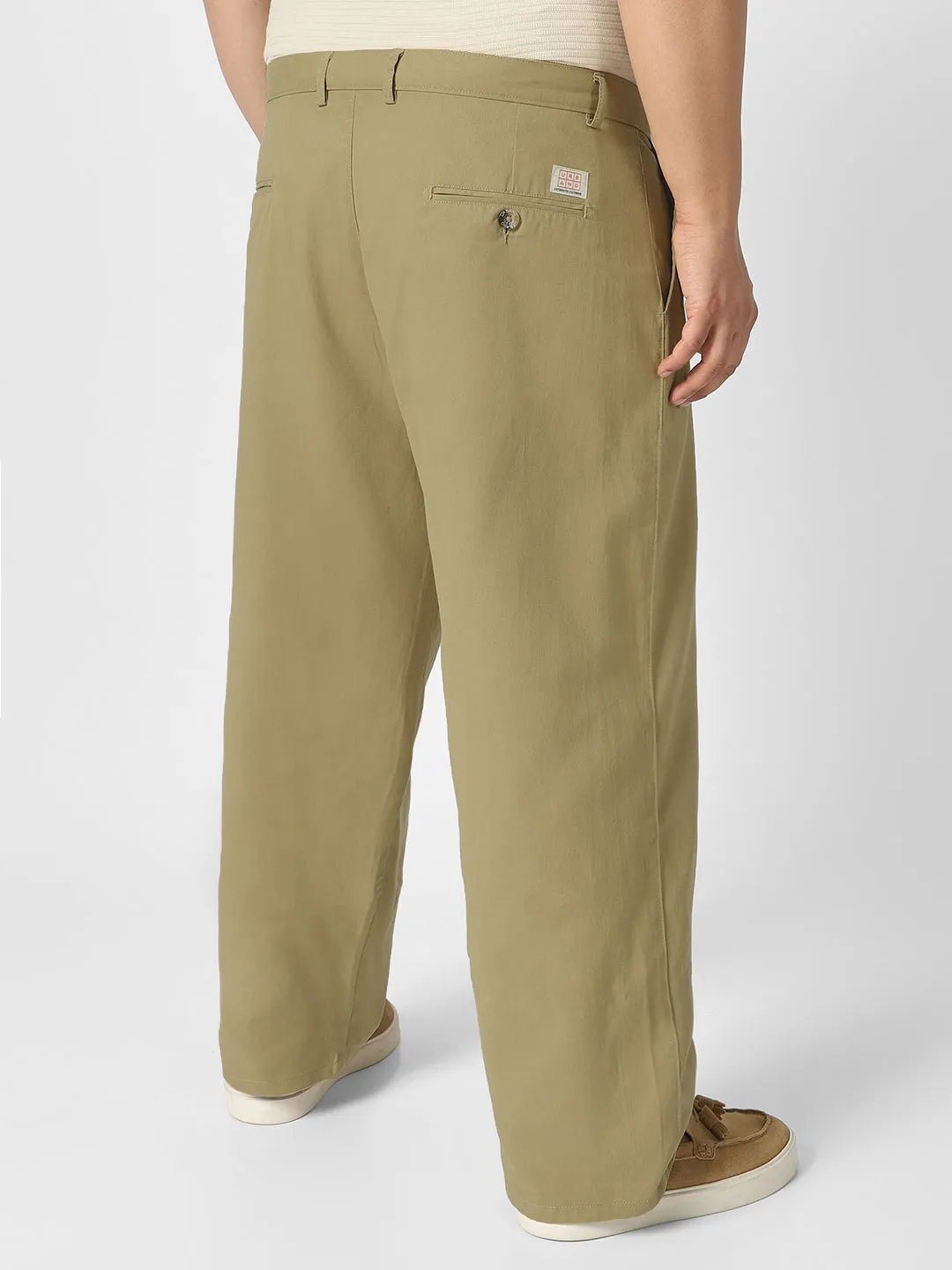 Plus Men's Light Olive Loose Baggy Fit Solid Chino Trousers Non-Stretchable