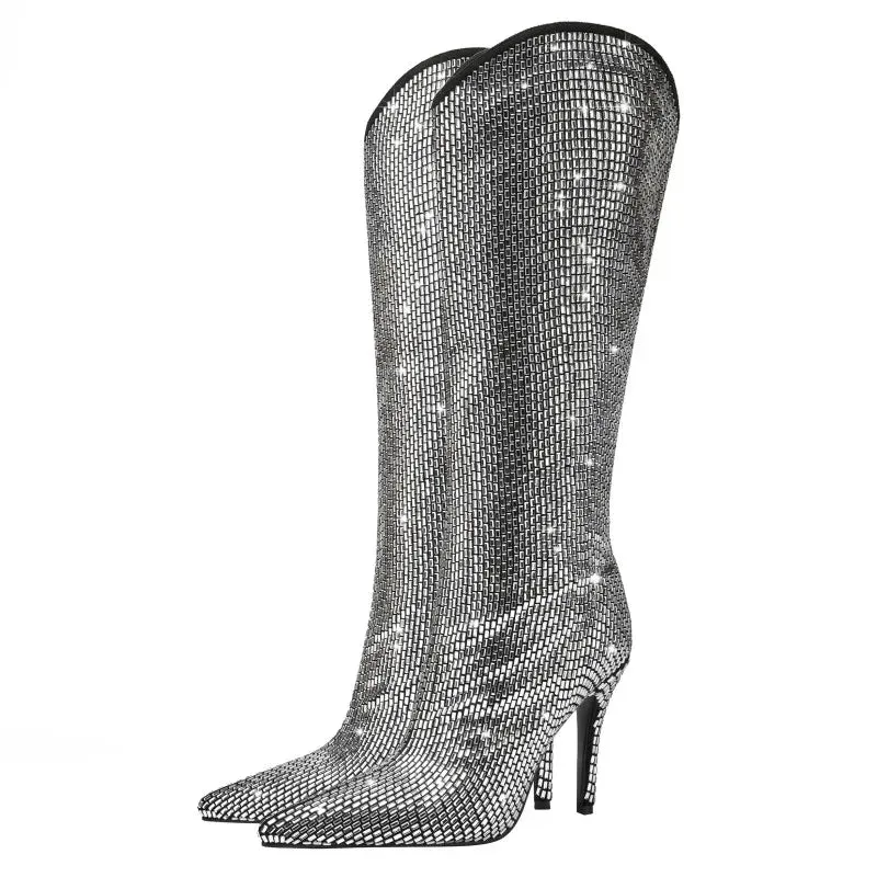 Pre Order:  Pointed Toe Thin High Heel Rhinestone Long Boots