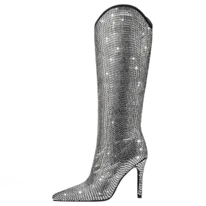 Pre Order:  Pointed Toe Thin High Heel Rhinestone Long Boots