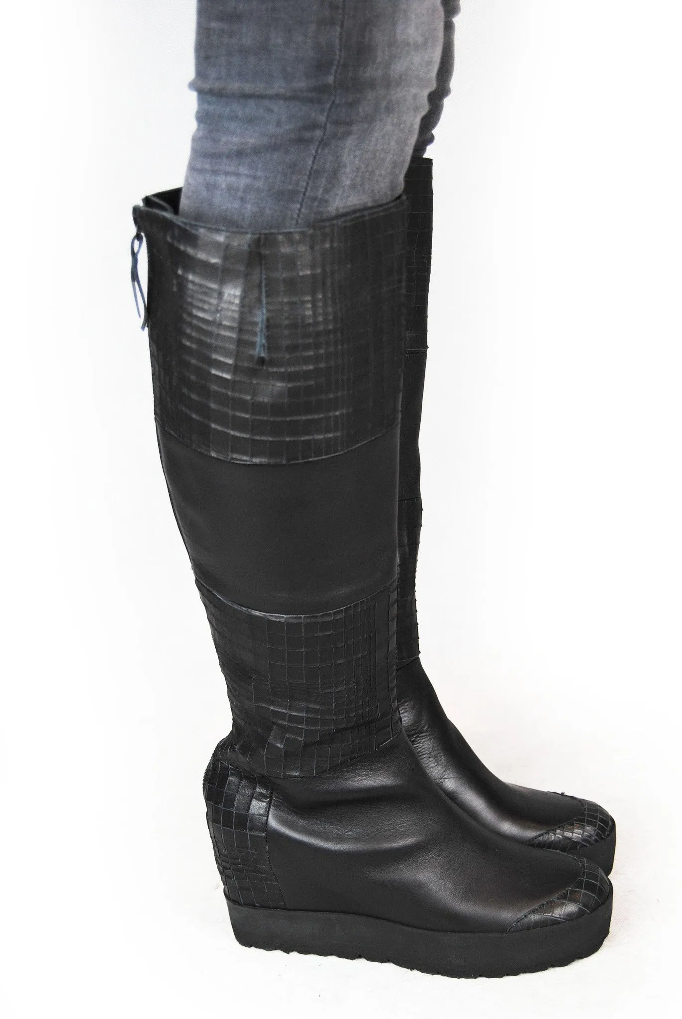 Puro Mixed Up Black Wedge Long Knee High Boot