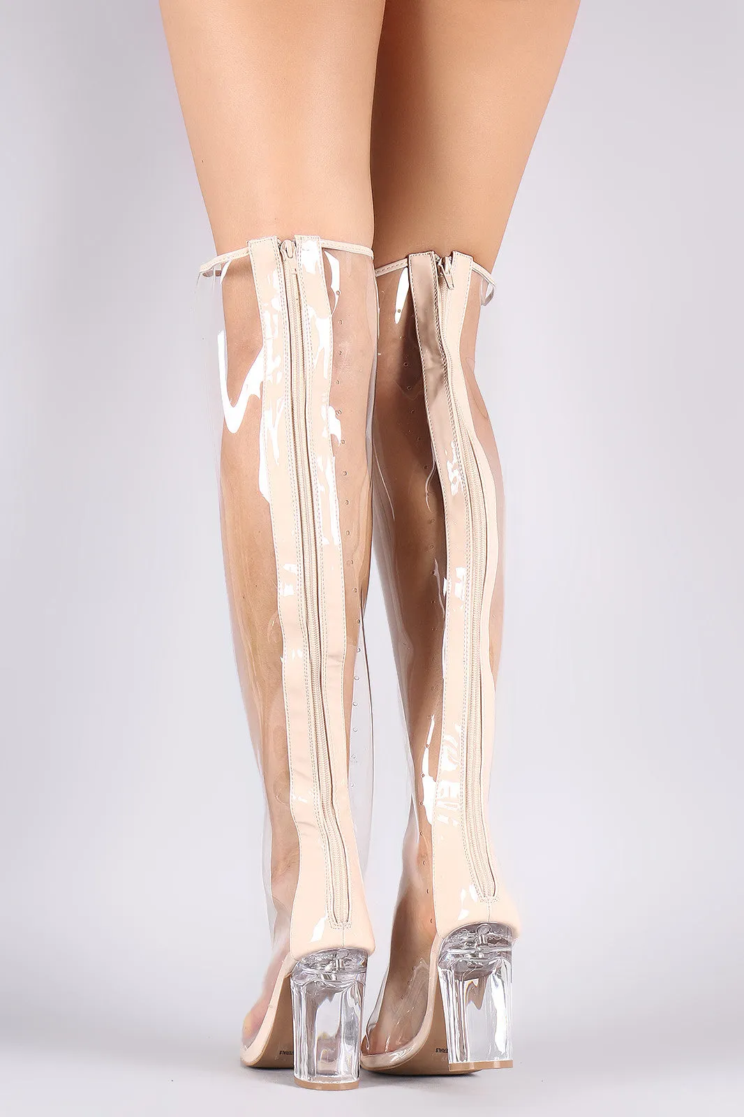 Qupid Lucite Peep Toe Chunky Perspex Heeled Over-The-Knee Boots