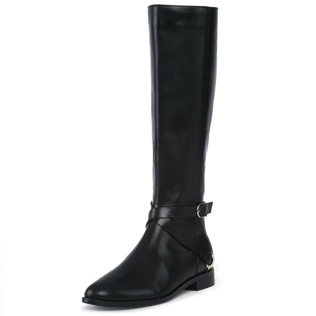 Saint Damaris Black Leather Buckle Decor Knee High Boots