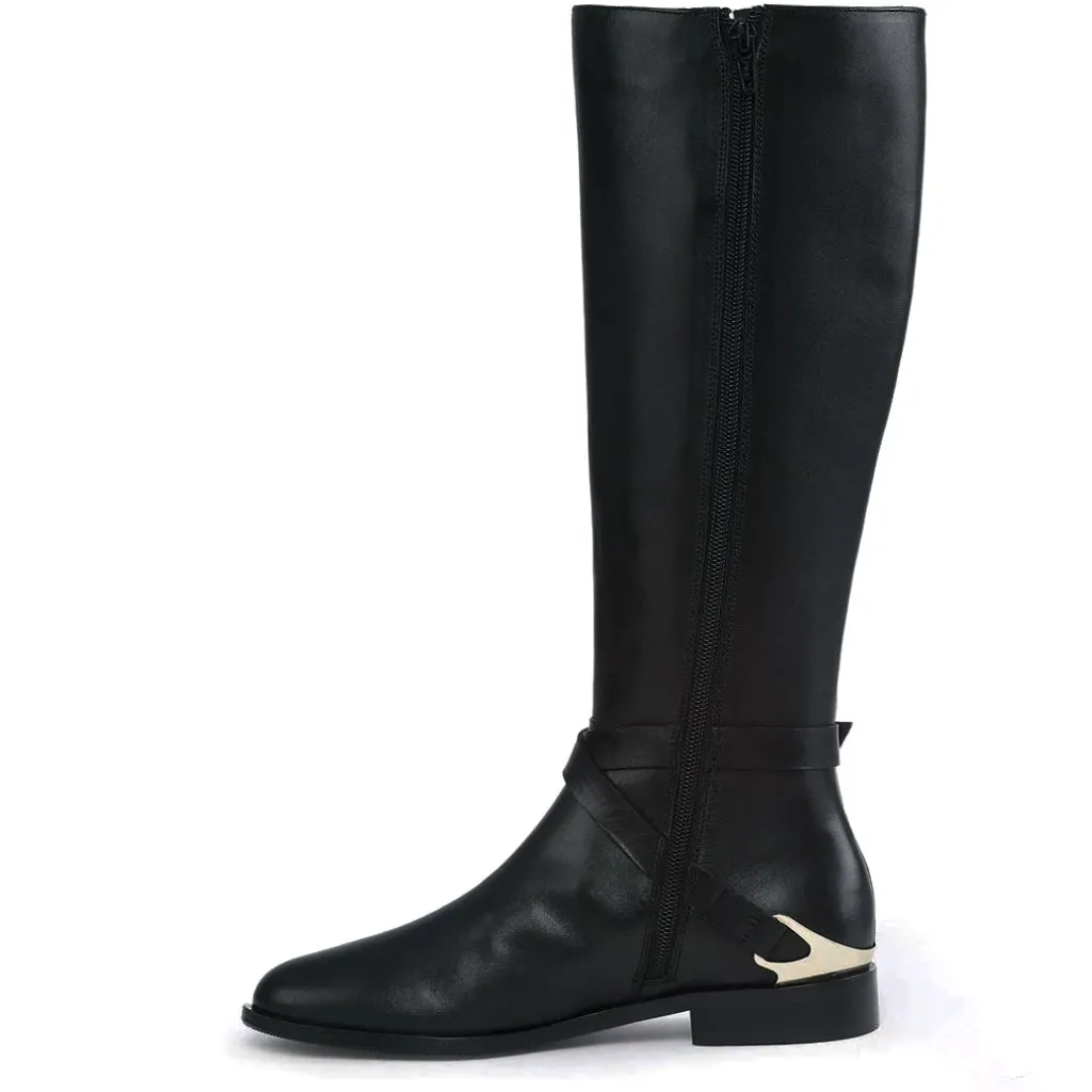 Saint Damaris Black Leather Buckle Decor Knee High Boots