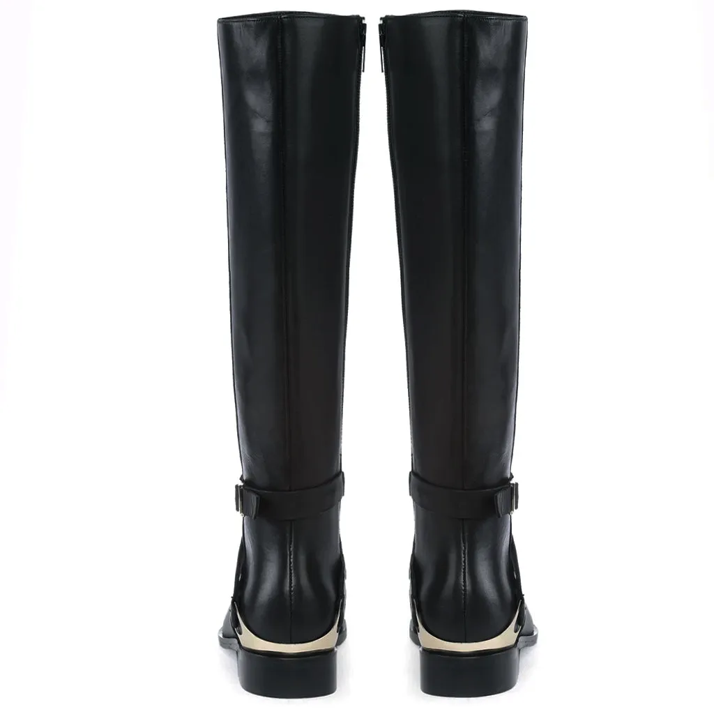 Saint Damaris Black Leather Buckle Decor Knee High Boots