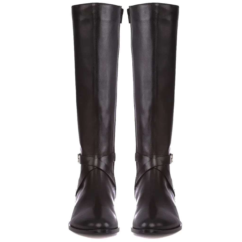 Saint Damaris Dark Brown Leather Buckle Decor Knee High Boots