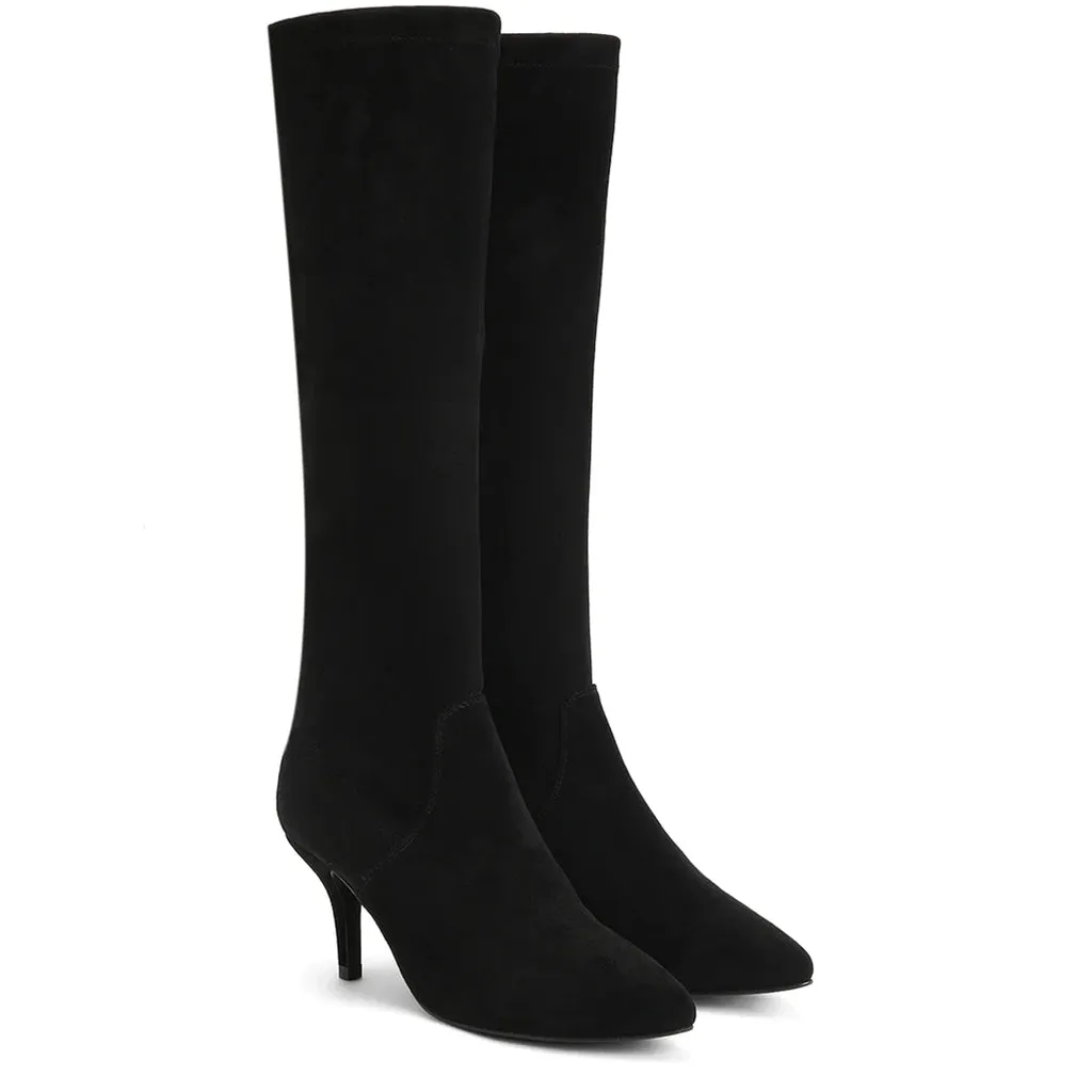 Saint Jemima Black Stretch Suede Kitten Heel Knee High Boots