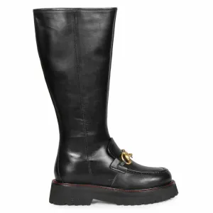 Saint Noble Black Leather Horse Bit Décor Long Boots