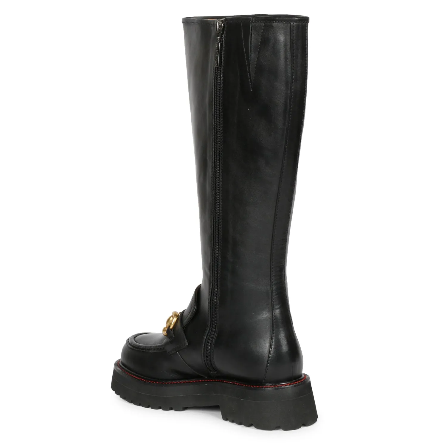 Saint Noble Black Leather Horse Bit Décor Long Boots