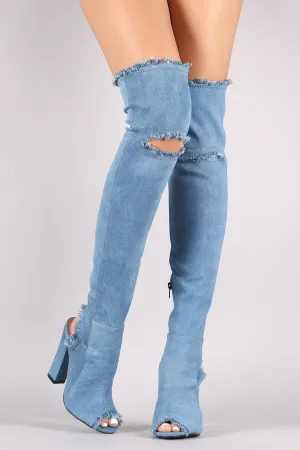 Shoe Republic LA Denim Knee Slit Chunky Heeled OTK Boots