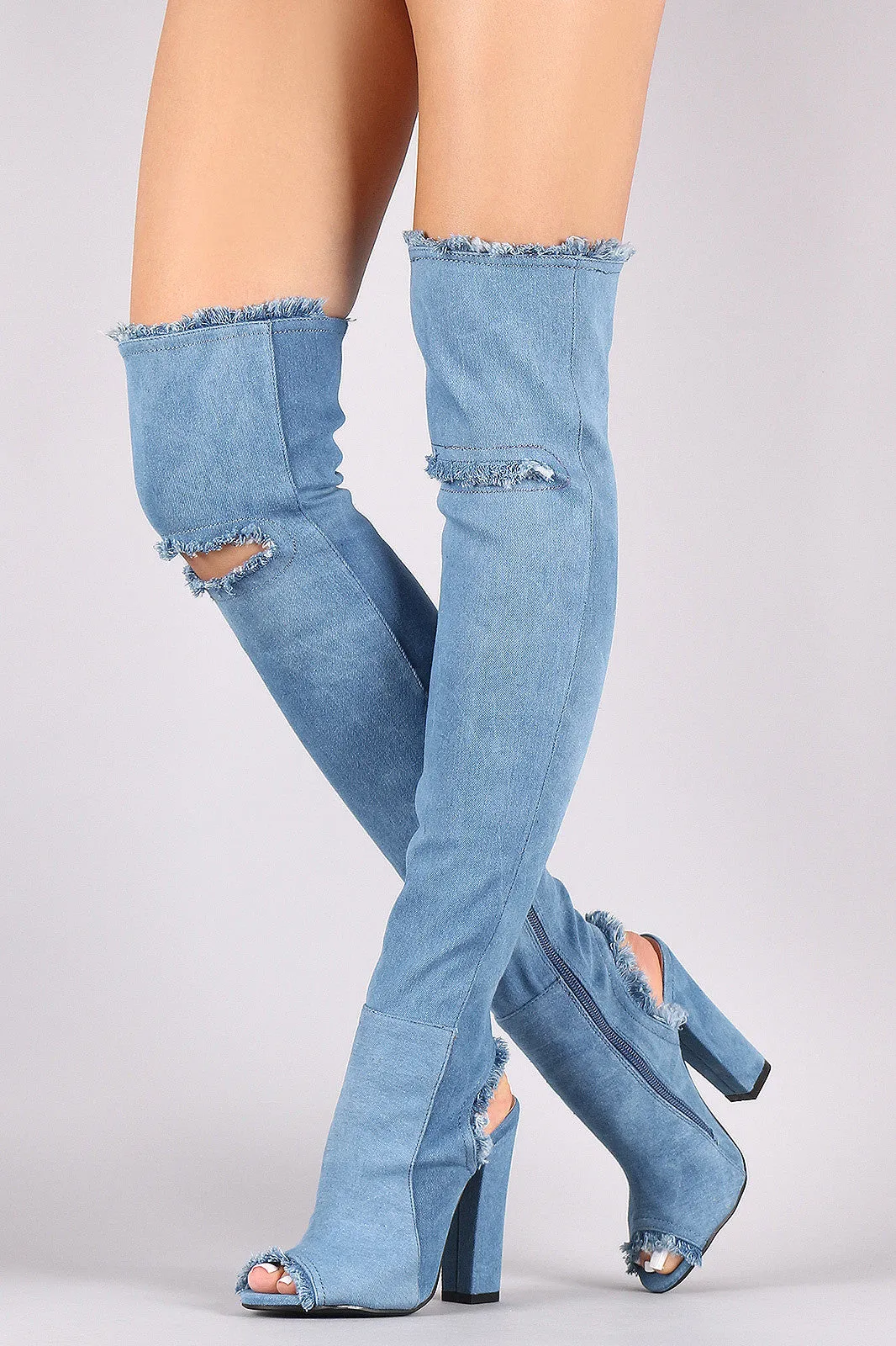 Shoe Republic LA Denim Knee Slit Chunky Heeled OTK Boots