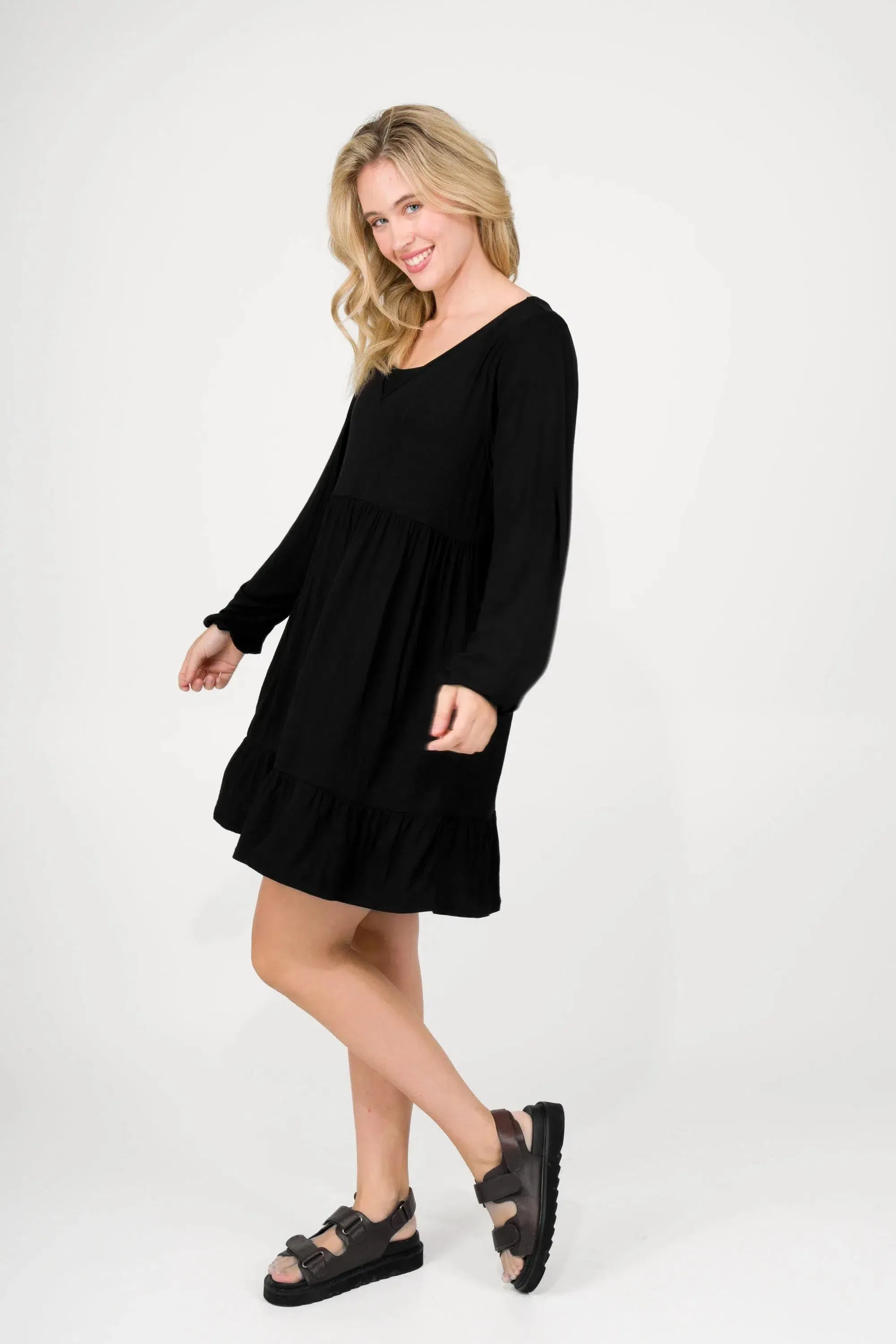 Slinky To Touch Baby Doll Tiered V Neck Mini Dress W/ Elasticated Sleeve - Black