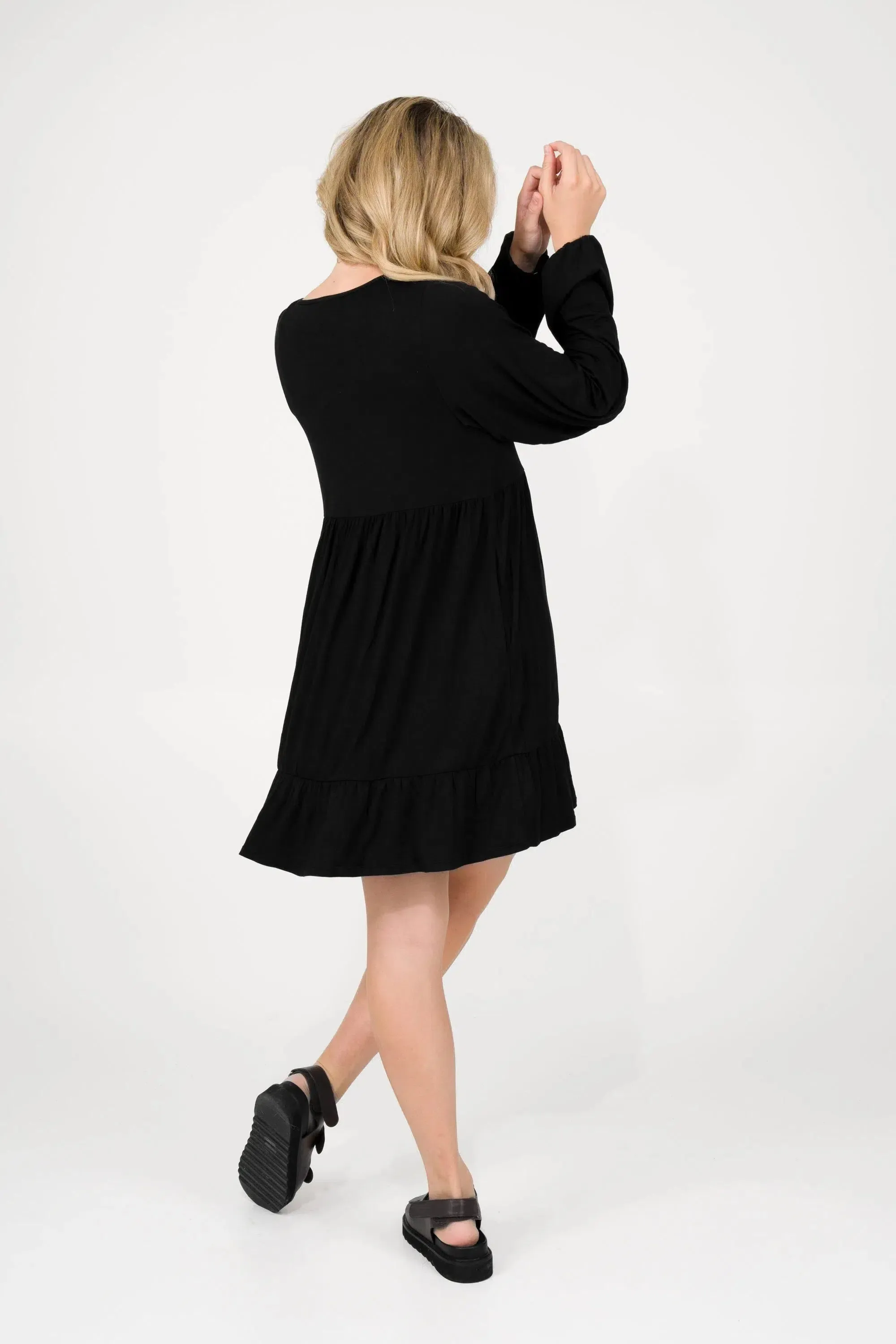 Slinky To Touch Baby Doll Tiered V Neck Mini Dress W/ Elasticated Sleeve - Black