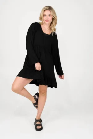 Slinky To Touch Baby Doll Tiered V Neck Mini Dress W/ Elasticated Sleeve - Black