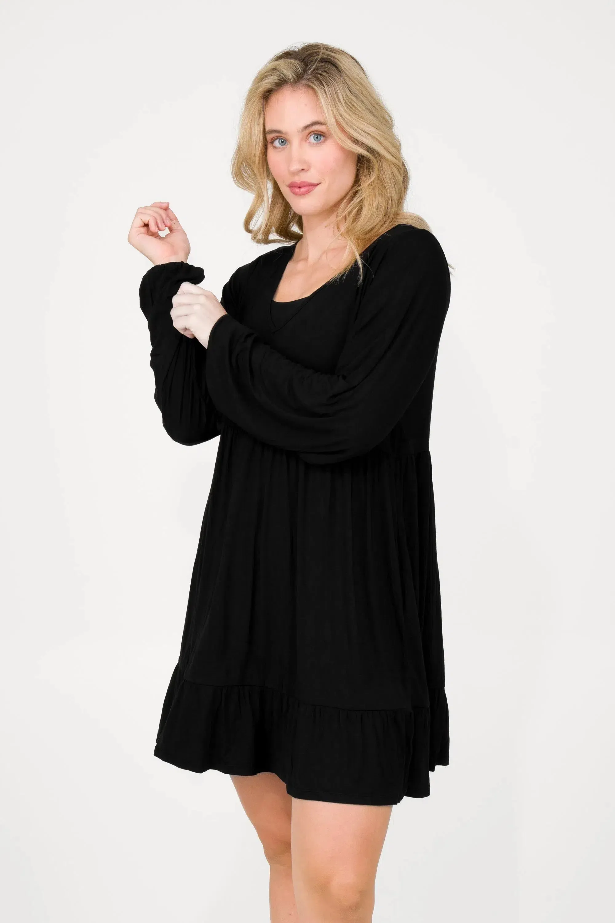 Slinky To Touch Baby Doll Tiered V Neck Mini Dress W/ Elasticated Sleeve - Black