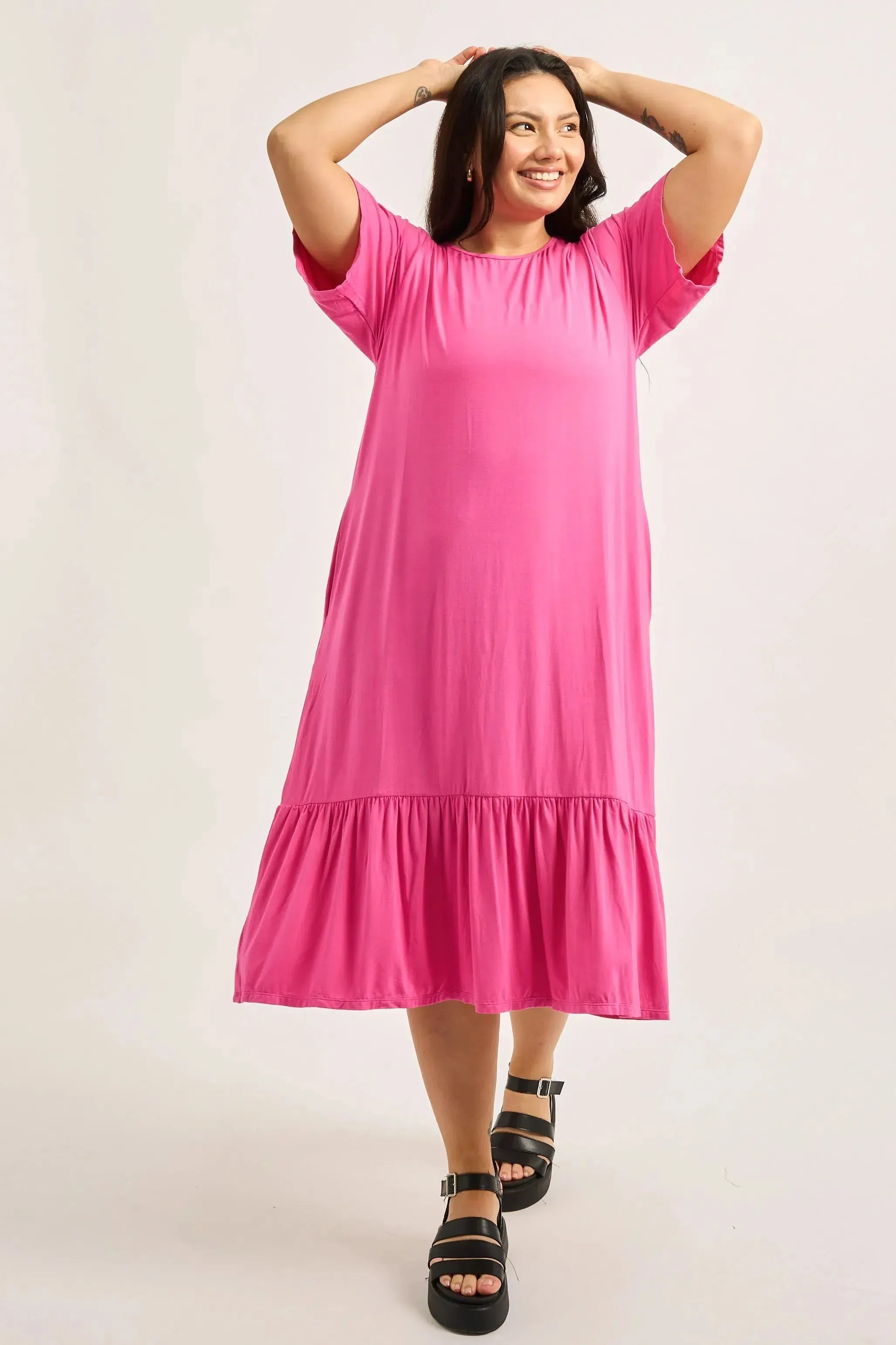 Slinky To Touch Lazy Girl Ruffle Dress - Candy Pink