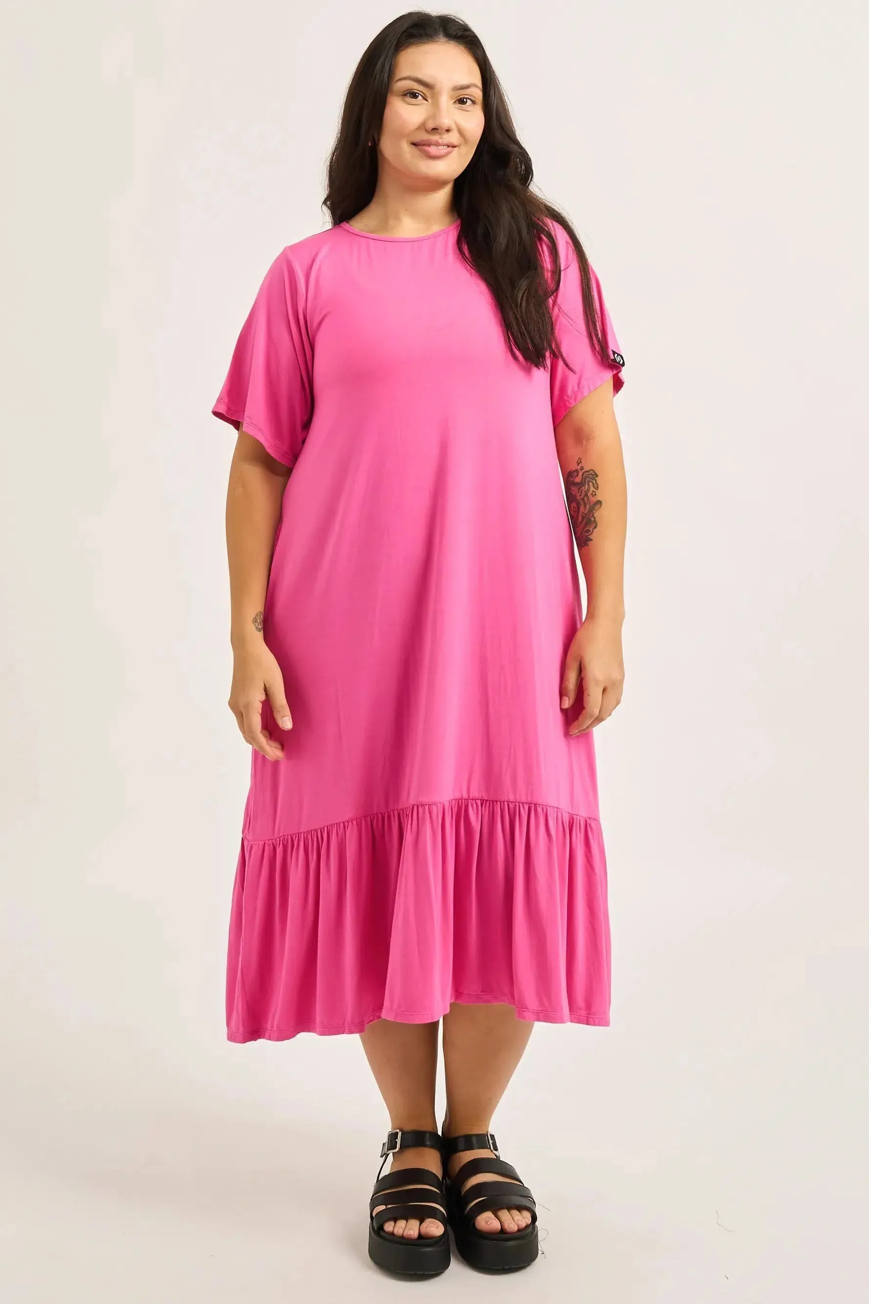 Slinky To Touch Lazy Girl Ruffle Dress - Candy Pink