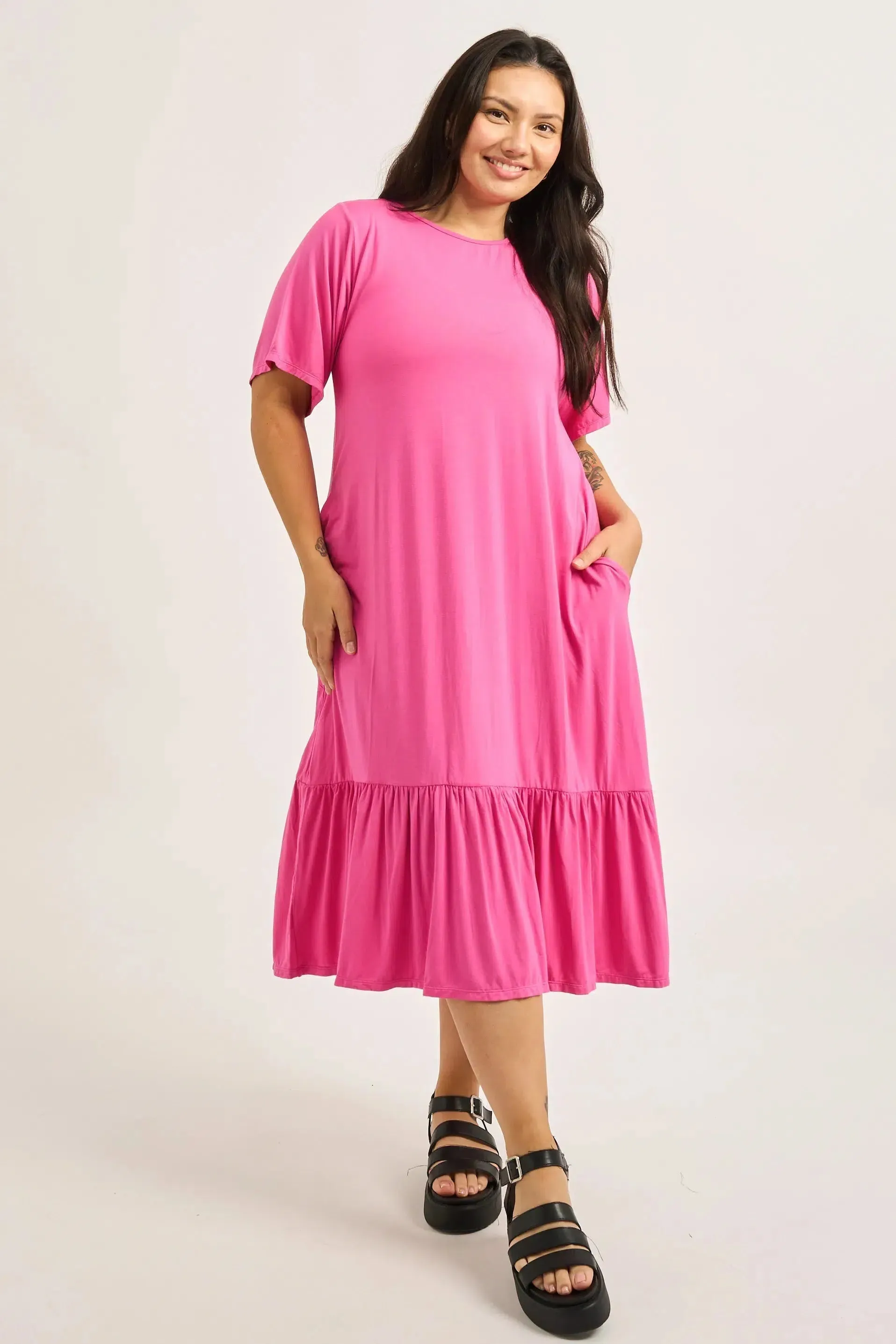 Slinky To Touch Lazy Girl Ruffle Dress - Candy Pink