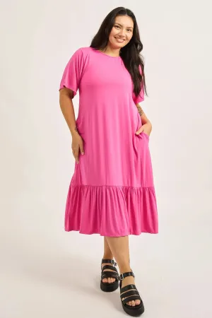 Slinky To Touch Lazy Girl Ruffle Dress - Candy Pink