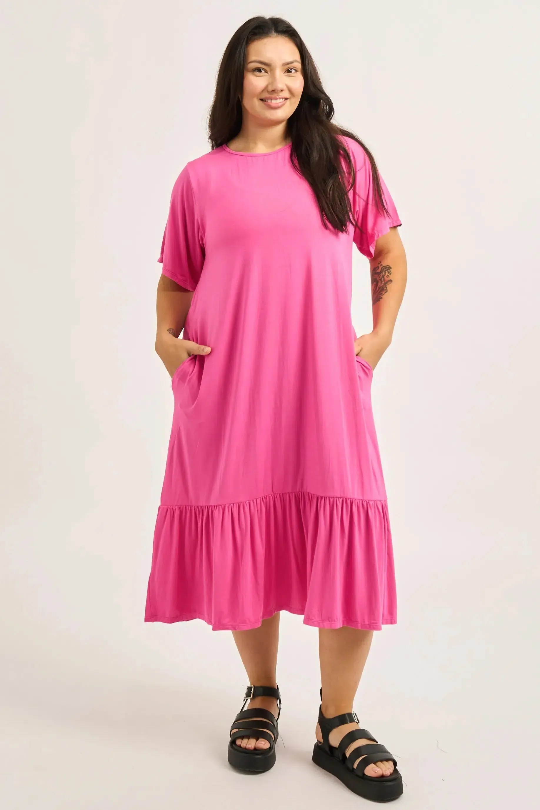 Slinky To Touch Lazy Girl Ruffle Dress - Candy Pink