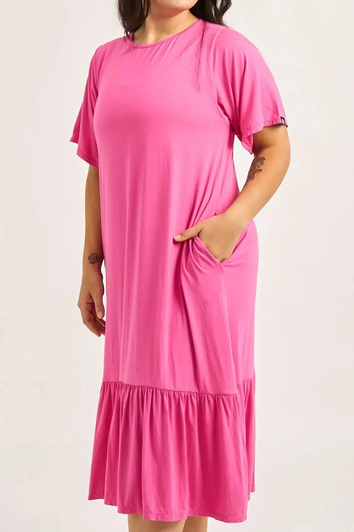 Slinky To Touch Lazy Girl Ruffle Dress - Candy Pink