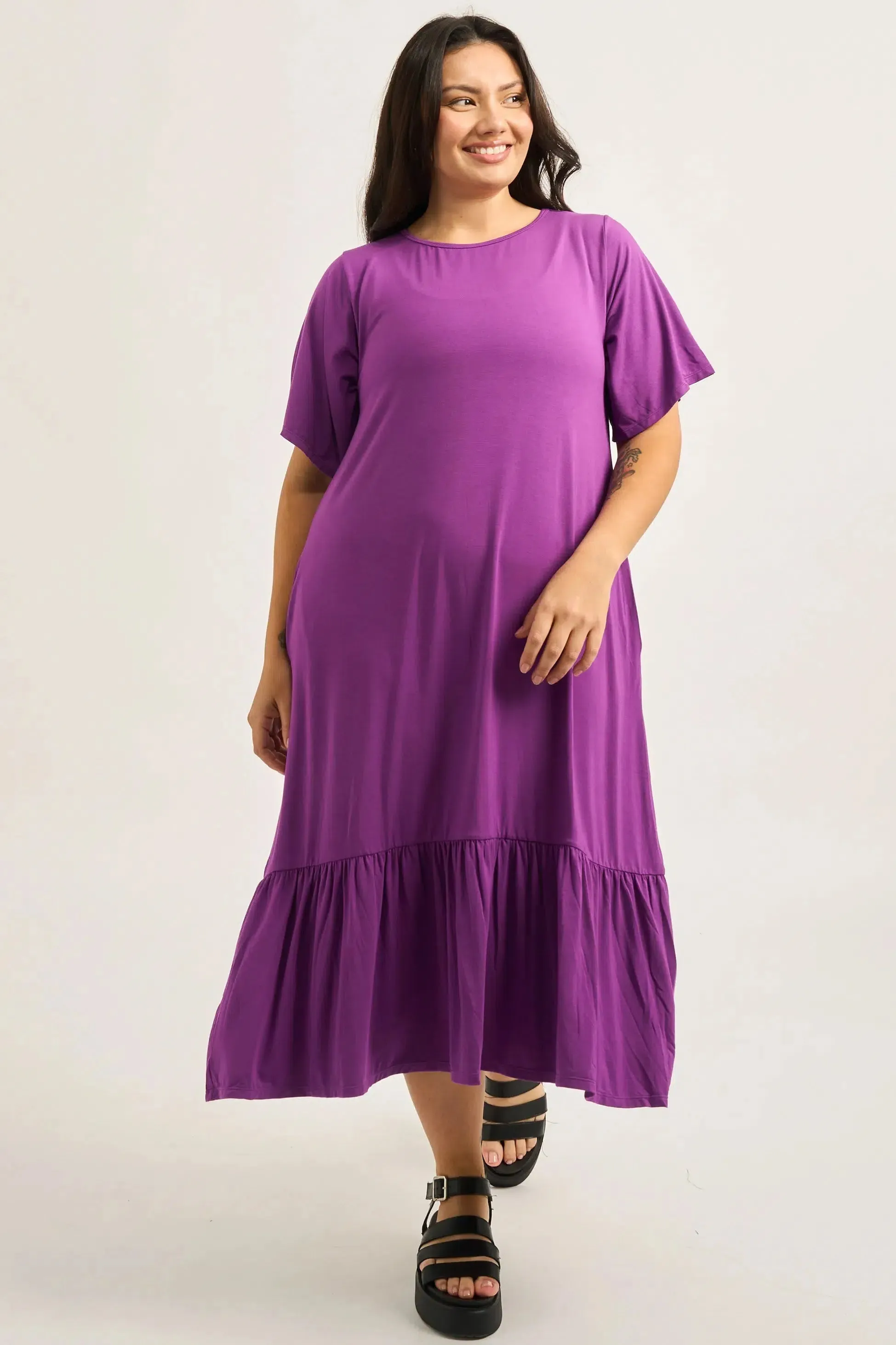 Slinky To Touch Lazy Girl Ruffle Dress - Purple