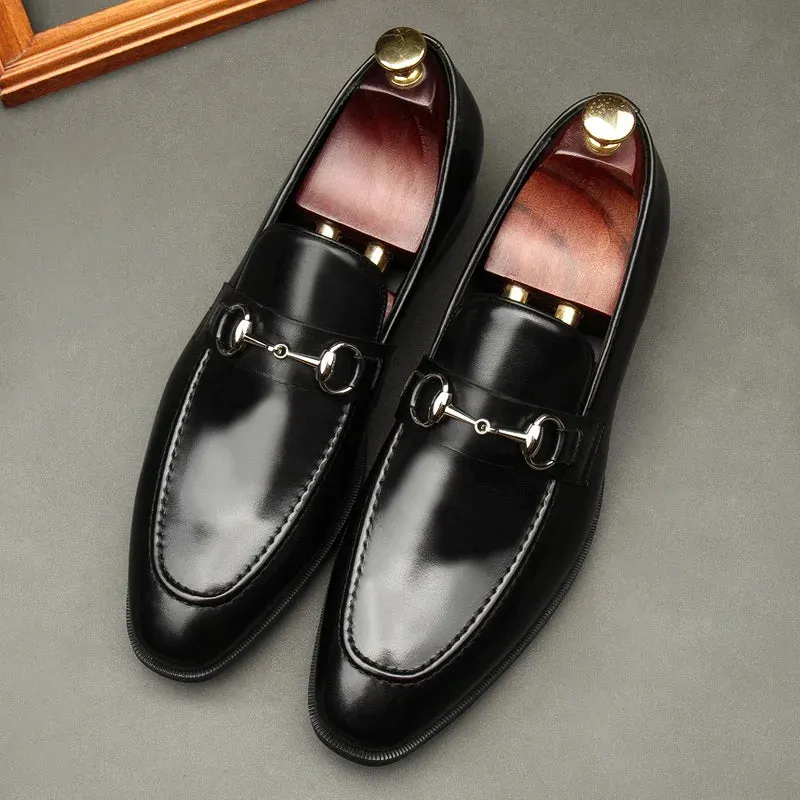 Solid Shiny Black Leather Loafers