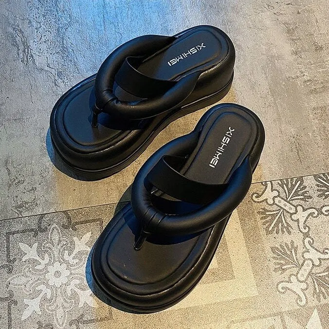 Split Toe Platform Slippers, Thick Sole Round Head Sandals, Open Toe Chunky Sole Slides, Thick Strap Band Flip Flop Creepers