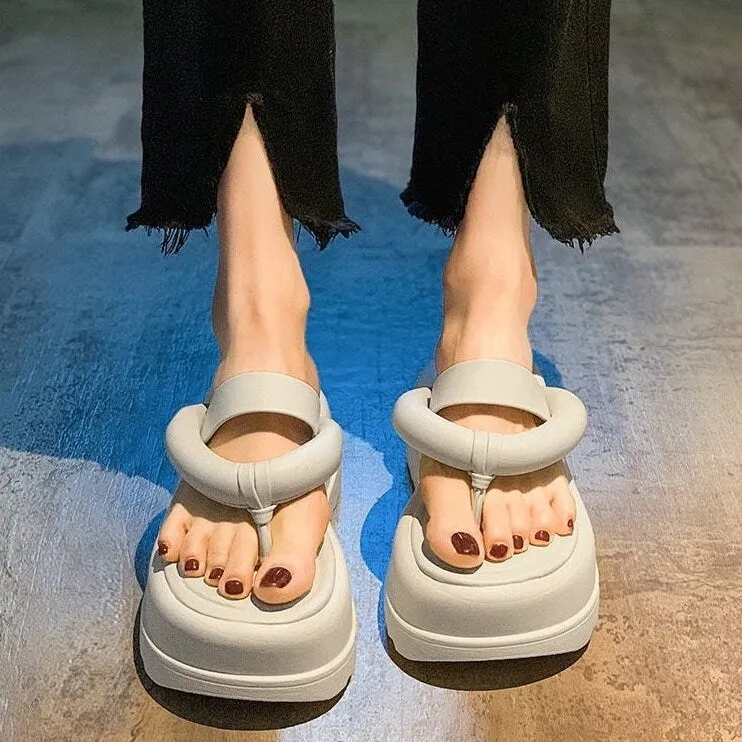 Split Toe Platform Slippers, Thick Sole Round Head Sandals, Open Toe Chunky Sole Slides, Thick Strap Band Flip Flop Creepers