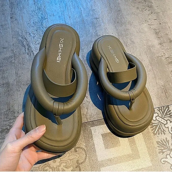 Split Toe Platform Slippers, Thick Sole Round Head Sandals, Open Toe Chunky Sole Slides, Thick Strap Band Flip Flop Creepers